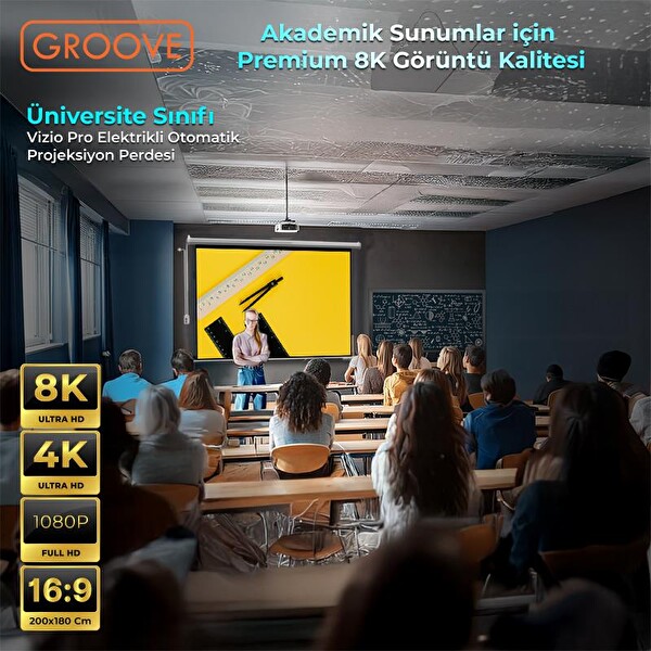 Groove Vizio Pro 200x180 CM Blackout Işık Geçirmez Elektrikli Otomatik Kumandalı Projeksiyon Perdesi + Motorlu