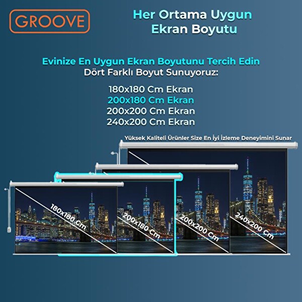 Groove Vizio Pro 200x180 CM Blackout Işık Geçirmez Elektrikli Otomatik Kumandalı Projeksiyon Perdesi + Motorlu