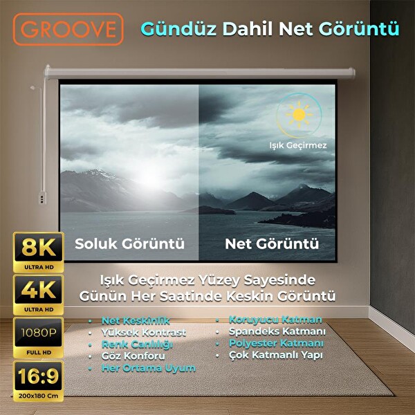 Groove Vizio Pro 200x180 CM Blackout Işık Geçirmez Elektrikli Otomatik Kumandalı Projeksiyon Perdesi + Motorlu