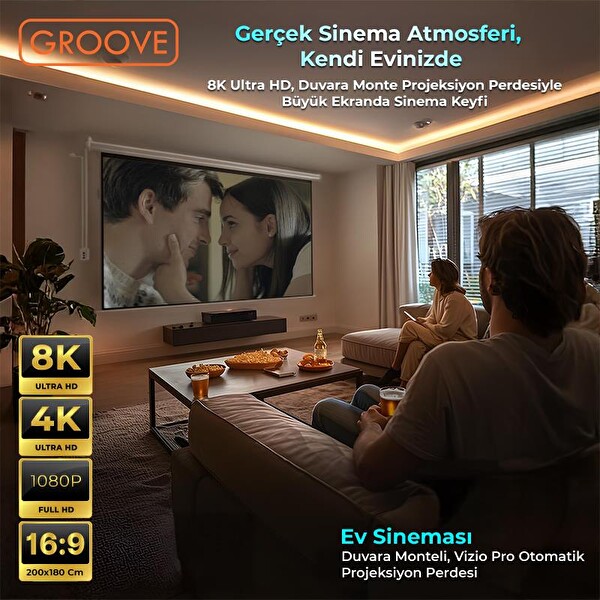 Groove Vizio Pro 200x180 CM Blackout Işık Geçirmez Elektrikli Otomatik Kumandalı Projeksiyon Perdesi + Motorlu