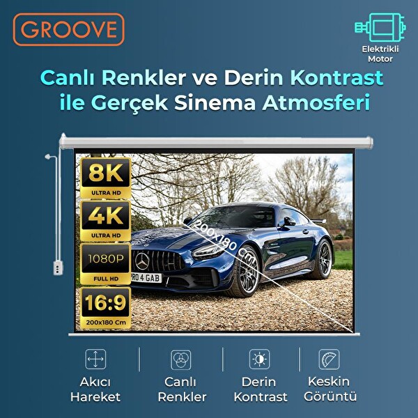 Groove Vizio Pro 200x180 CM Blackout Işık Geçirmez Elektrikli Otomatik Kumandalı Projeksiyon Perdesi + Motorlu