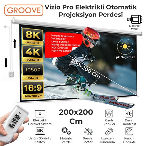 Groove Vizio Pro 200x200 CM Blackout Işık Geçirmez Elektrikli Otomatik Kumandalı Projeksiyon Perdesi + Motorlu