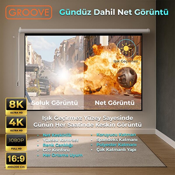 Groove Vizio Pro 200x200 CM Blackout Işık Geçirmez Elektrikli Otomatik Kumandalı Projeksiyon Perdesi + Motorlu