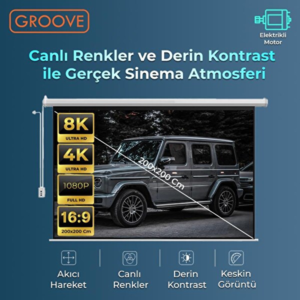 Groove Vizio Pro 200x200 CM Blackout Işık Geçirmez Elektrikli Otomatik Kumandalı Projeksiyon Perdesi + Motorlu
