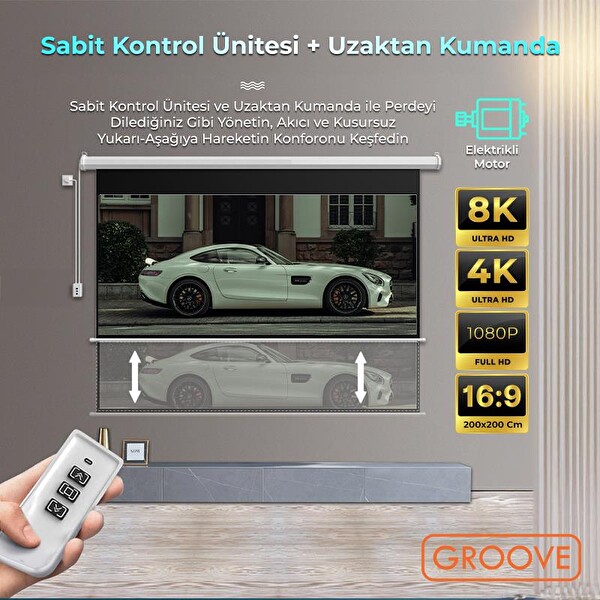 Groove Vizio Pro 200x200 CM Blackout Işık Geçirmez Elektrikli Otomatik Kumandalı Projeksiyon Perdesi + Motorlu