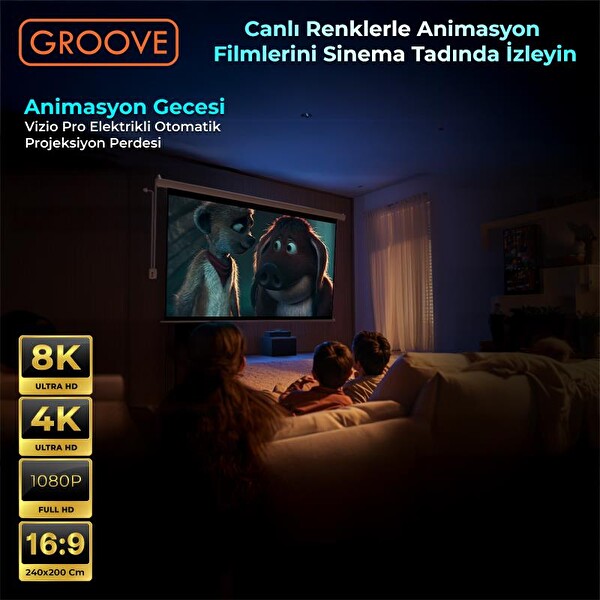 Groove Vizio Pro 240x200 CM Blackout Işık Geçirmez Elektrikli Otomatik Kumandalı Projeksiyon Perdesi - Motorlu
