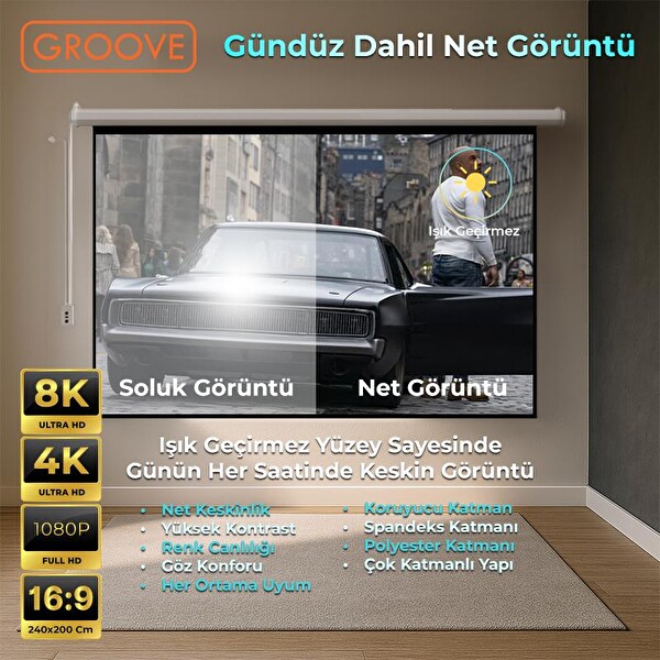 Groove Vizio Pro 240x200 CM Blackout Işık Geçirmez Elektrikli Otomatik Kumandalı Projeksiyon Perdesi - Motorlu