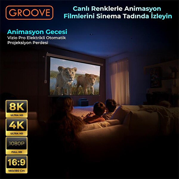 Groove Vizio Pro 180x180 CM Blackout Işık Geçirmez Elektrikli Otomatik Kumandalı Projeksiyon Perdesi + Motorlu