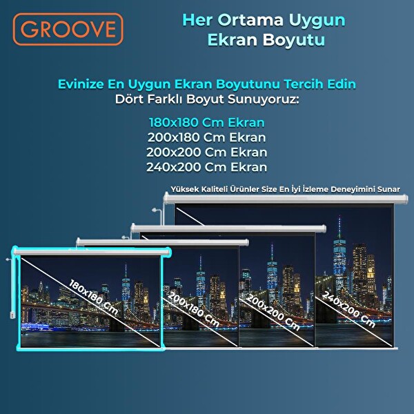 Groove Vizio Pro 180x180 CM Blackout Işık Geçirmez Elektrikli Otomatik Kumandalı Projeksiyon Perdesi + Motorlu