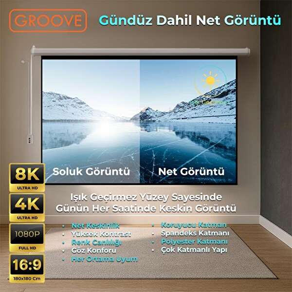 Groove Vizio Pro 180x180 CM Blackout Işık Geçirmez Elektrikli Otomatik Kumandalı Projeksiyon Perdesi + Motorlu