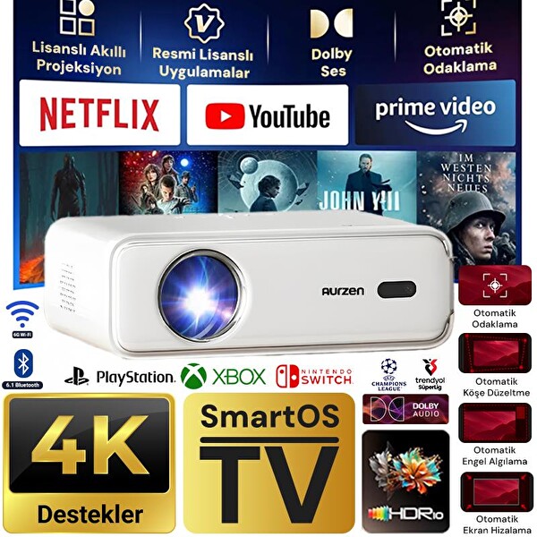 Vankyo Aurzen D1 Smart TV 4K Destekli Projeksiyon Cihazı +HDR10+Auto Focus+Auto Keystone+6GWiFi+6.1BT+Dolby Ses