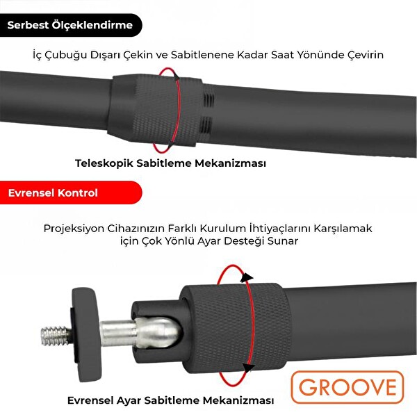 Groove Vankyo 30-60CM Alüminyum Projeksiyon Cihazı Tavan Askı Aparatı Duvar Bağlantı Aparatı Universal Projector Siyah