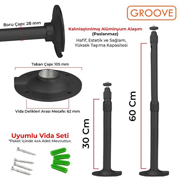 Groove Vankyo 30-60CM Alüminyum Projeksiyon Cihazı Tavan Askı Aparatı Duvar Bağlantı Aparatı Universal Projector Siyah