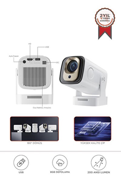 Torima HY260 PRO Mini Beyaz Taşınabilir Sinema Projektörü Ev Sineması Android Akıllı Projeksiyon