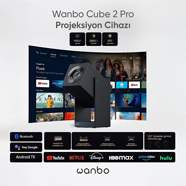Wanbo Cube 2 Pro 1080P FHD 1.2x3.5 M Projeksiyon Cihazı - Mavi