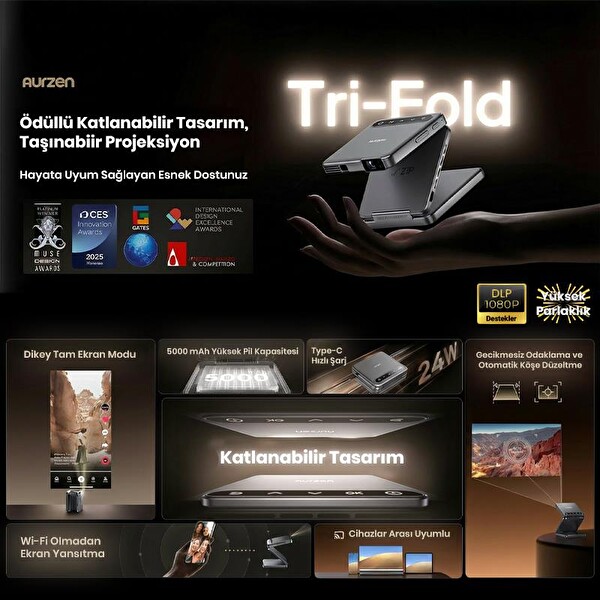 Vankyo Aurzen ZIP DLP 1080P +Auto Focus+Auto Keystone+Type-C Hızlı Şarj+6G Wi-Fi Destekli Bataryalı Projeksiyon Cihazı