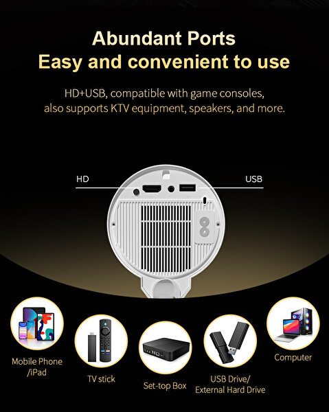 Elinux TS7 Android 13 90 Derece Gimbal Tripod 720P Çözünürlük 230 ANSI Lümen Wi-Fi 6 Bluetooth 5.4 Beyaz Projeksiyon Cihazı