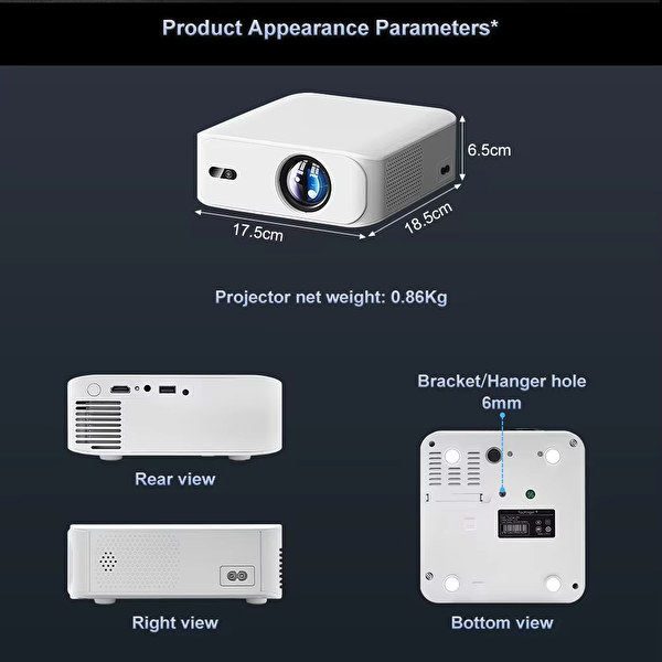 Elinux V318 Android 11 1080P Çözünürlük 360 ANSI Lümen Otomatik Focus,Wi-Fi 6 Bluetooth 5.4 Beyaz Projeksiyon Cihazı