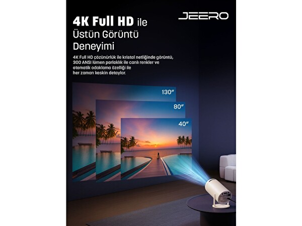 Jeero HY300PRO Multimedia Ultra HD 1080P Android 13 Türkçe MenüH713 Chipset Projeksiyon Cihazı Beyaz