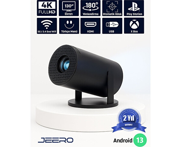 Jeero HY300PRO Multimedia Ultra HD 1080 Android 13 Türkçe Menü H713 Chipset Projeksiyon Cihazı Siyah