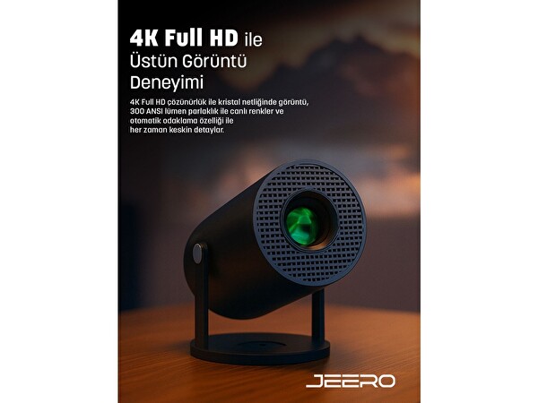 Jeero HY300PRO Multimedia Ultra HD 1080 Android 13 Türkçe Menü H713 Chipset Projeksiyon Cihazı Siyah