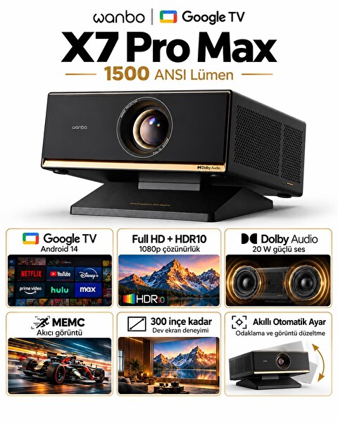 Wanbo X7 Pro Max Google TV 1500 ANSI Lümen FHD 1080p 4K Destekli Otomatik Odaklama Projeksiyon Cihazı
