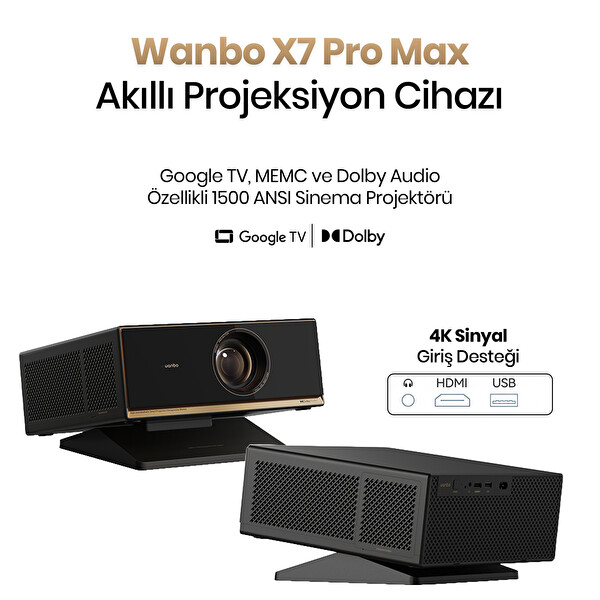 Wanbo X7 Pro Max Google TV 1500 ANSI Lümen FHD 1080p 4K Destekli Otomatik Odaklama Projeksiyon Cihazı