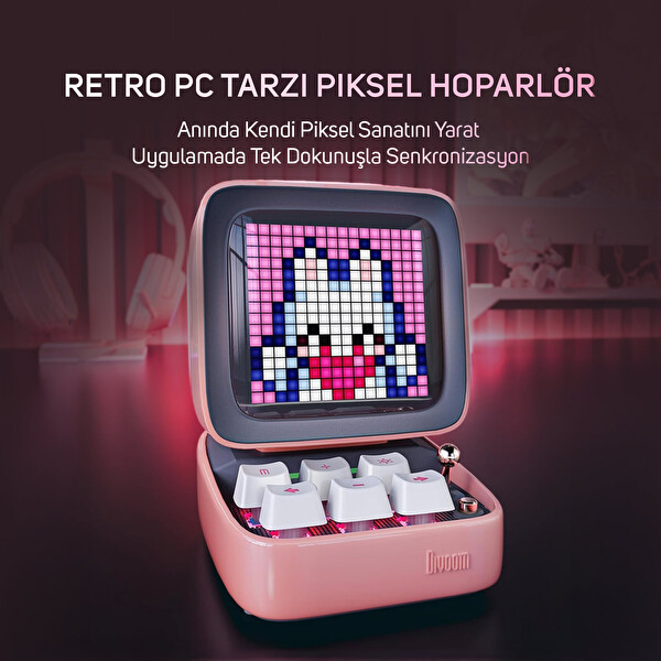 Divoom Ditoo Pro Pembe Bluetooth Hoparlör ve Times Gate Dijital Led Ekran Seti