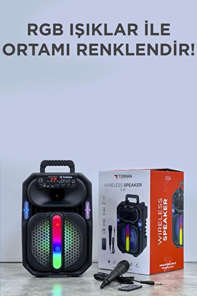Torima D26 RGB Işıklı Mikrofonlu Kumandalı USB/TF/FM/MIC/BT Siyah Bluetooth Hoparlör