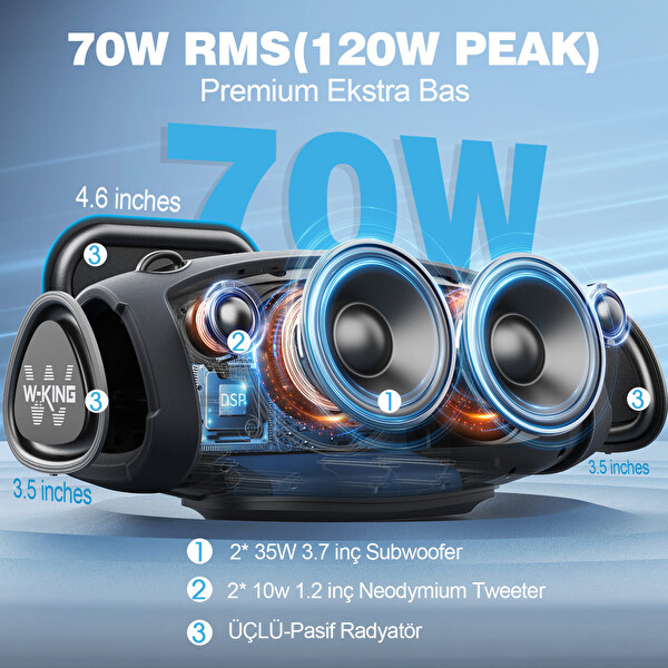 W-King X10 Bluetooth Hoparlör 120W Xtreme Bass 42S Dinleme IPX6 Kablosuz Stereo TWS Ses Bombası - Siyah