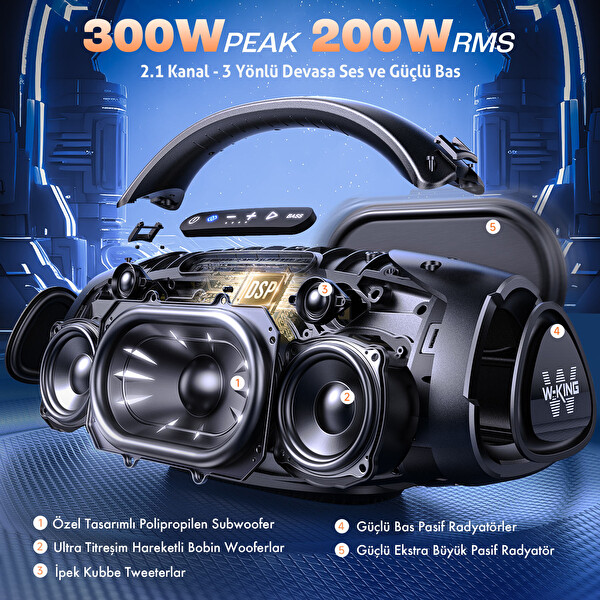 W-King X20 Bluetooth Hoparlör 300W Boombox 24S Dinleme IPX7 Kablosuz Stereo TWS Ses Bombası Siyah