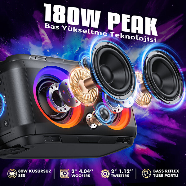 W-King T9-2 Bluetooth Hoparlör 180W Partybox 24S Dinleme Işıklı IPX5 Kablosuz Stereo TWS Ses Bombası Siyah