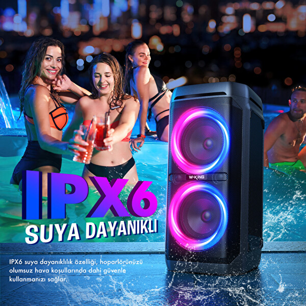 W-King T11 Bluetooth Hoparlör 220W Partybox 24S Dinleme Işıklı IPX6 Kablosuz Stereo TWS Ses Bombası-Siyah