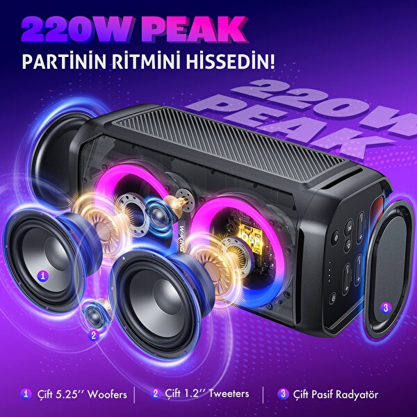 W-King T11 Bluetooth Hoparlör 220W Partybox 24S Dinleme Işıklı IPX6 Kablosuz Stereo TWS Ses Bombası-Siyah