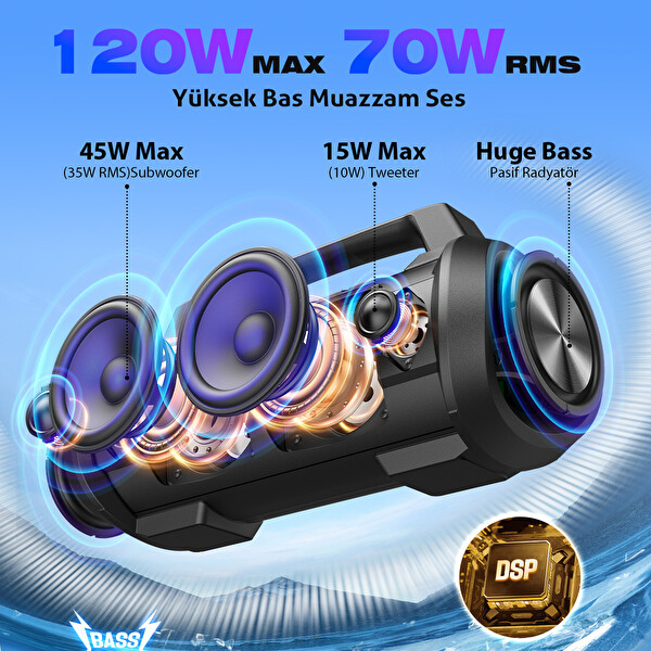 W-King D10 Bluetooth Hoparlör 120W Partybox 42S Dinleme Işıklı IPX6 Kablosuz Stereo TWS Ses Bombası - Siyah
