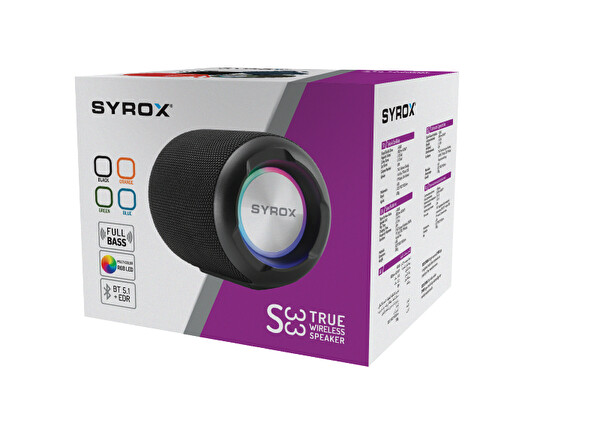Syrox S33 RGB Ledli Hafıza Kartı - USB - 3.5MM AUX - FM - Eller Serbest 1x6W TWS Bluetooth 5.1 - EDR Kablosuz Hoparlör - Yeşil