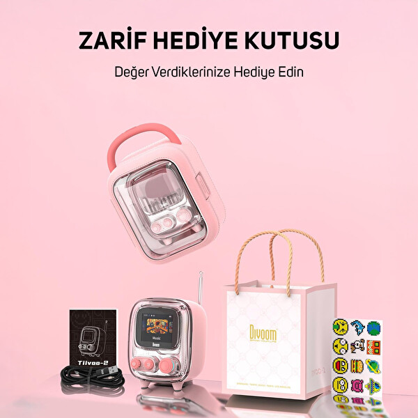 Divoom Tiivoo-2 FM Radyolu Mini Bluetooth Hoparlör Kablosuz Piksel Ekranlı Retro Taşınabilir Ses Bombası-Pembe