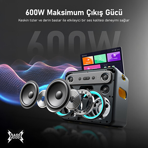 Ikarao Partybox Hoparlör Standlı Break X2 600W Karaoke Bluetooth Hoparlör Seti