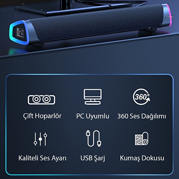 Ally RGB Bas Soundbar TV Ses Sistemi ve Bilgisayar Masaüstü Bluetooth Hoparlör Subwoofer Siyah