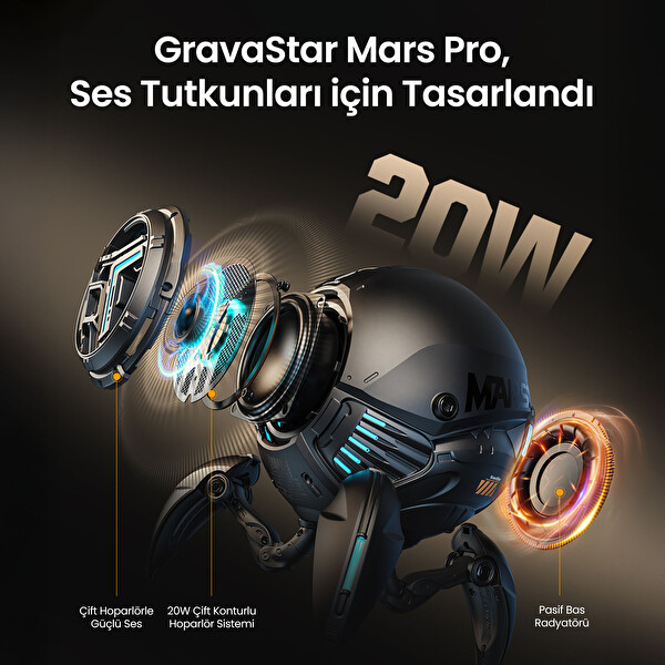 GravaStar Mars Pro 20 W Taşınabilir Stereo Ses Bombası RGB Işıklı 2 Adet Siyah Bluetooth Hoparlör