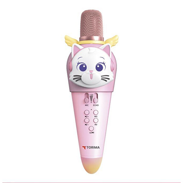 Torima KIDMIC02 Pembe Kedi Figürlü Şarjlı BT Karaoke Mikrofon ve Hoparlör 5W Kablosuz Mikrofon