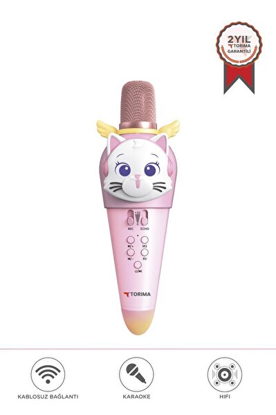 Torima KIDMIC02 Pembe Kedi Figürlü Şarjlı BT Karaoke Mikrofon ve Hoparlör 5W Kablosuz Mikrofon