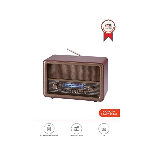 Torima D56 Nostaljik Uzaktan Kumandalı Radyo Kahverengi USB TF TWS Şarjlı Bluetooth Hoparlör Kahverengi