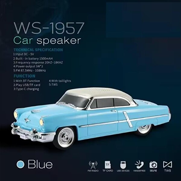 Rose WS-1957 Araba Görünümlü Taşınabilir Şarjlı Bluetooth Hoparlör - Mavi