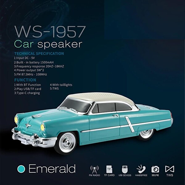 Rose WS-1957 Araba Görünümlü Taşınabilir Şarjlı Bluetooth Hoparlör - Turkuaz