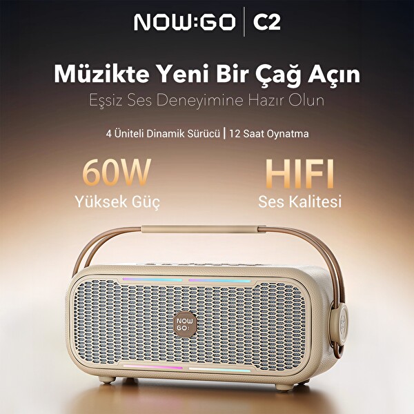 NowGo C2 60W Bluetooth Hoparlör RGB IPX4 Taşınabilir Karaoke Sistemi Bej