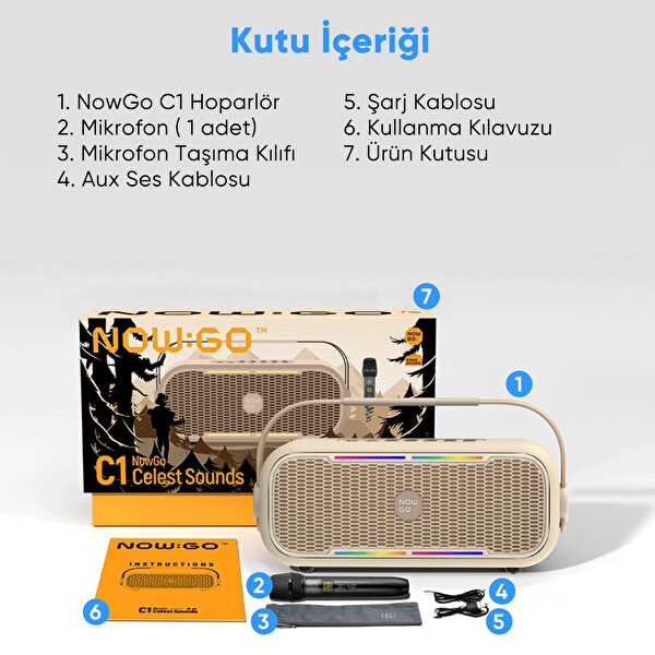NowGo C1 100W Taşınabilir RGB IPX4 Bluetooth Hoparlör Mikrofonlu Karaoke Sistemi Bej