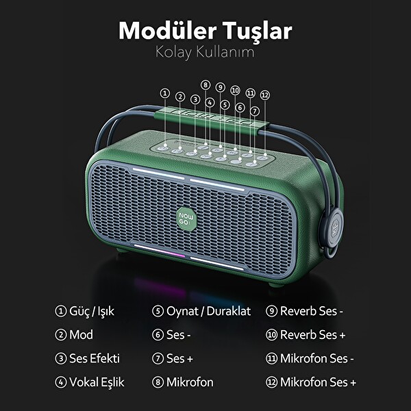 NowGo C1 100W Taşınabilir RGB IPX4 Bluetooth Hoparlör Mikrofonlu Karaoke Sistemi Yeşil