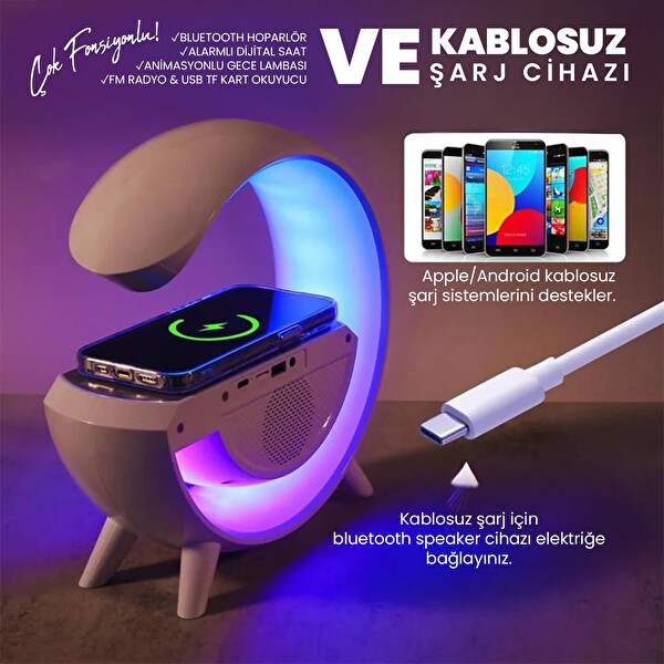Upway Kablosuz Şarjlı RGB Işıklı Dijital Saatli FM Radyo Bluetooth Hoparlör
