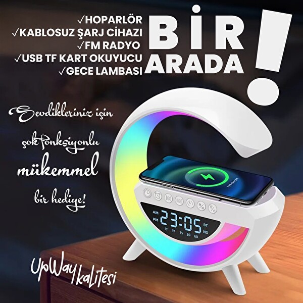Upway Kablosuz Şarjlı RGB Işıklı Dijital Saatli FM Radyo Bluetooth Hoparlör